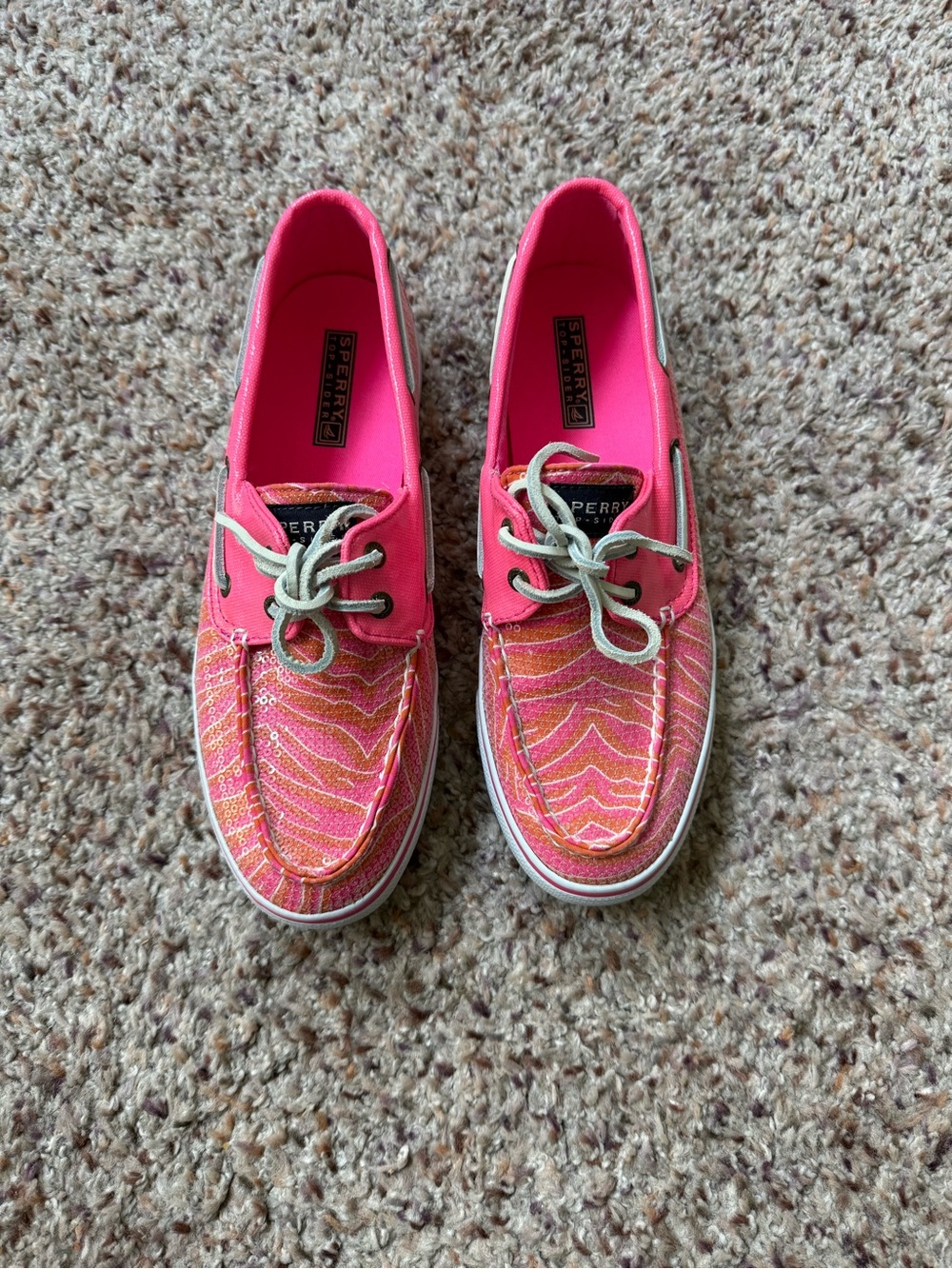 Sperry Pink Patterned Canvas Boat Shoes with White Laces